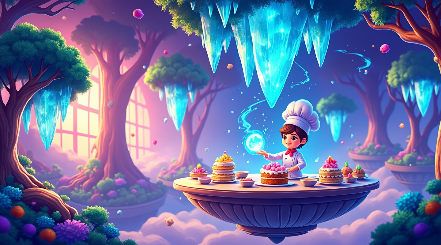 Mundo mágico con árboles de cristal y pasteles